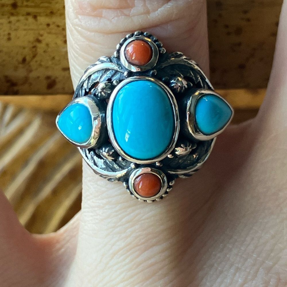 Sleeping Beauty Turquoise Coral Sterling Silver Ring Size 6